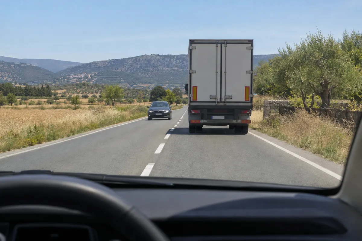 Antes de salir a adelantar, se ve el camión de delante y un coche que se acerca por el carril contrario.