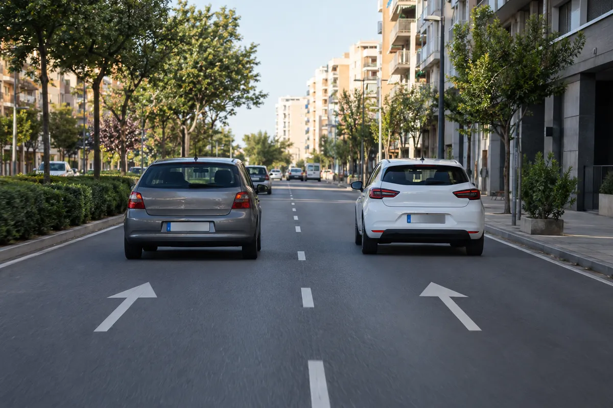 Dentro de poblado, un coche pasa por la derecha a otro que circula por el carril izquierdo, con la vía despejada.