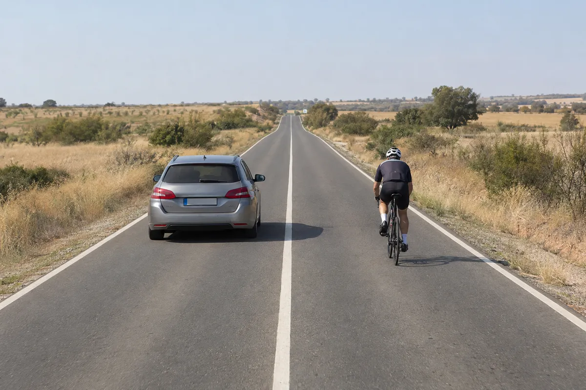 Con línea continua y el carril contrario libre, el coche adelanta al ciclista ocupando el otro sentido.