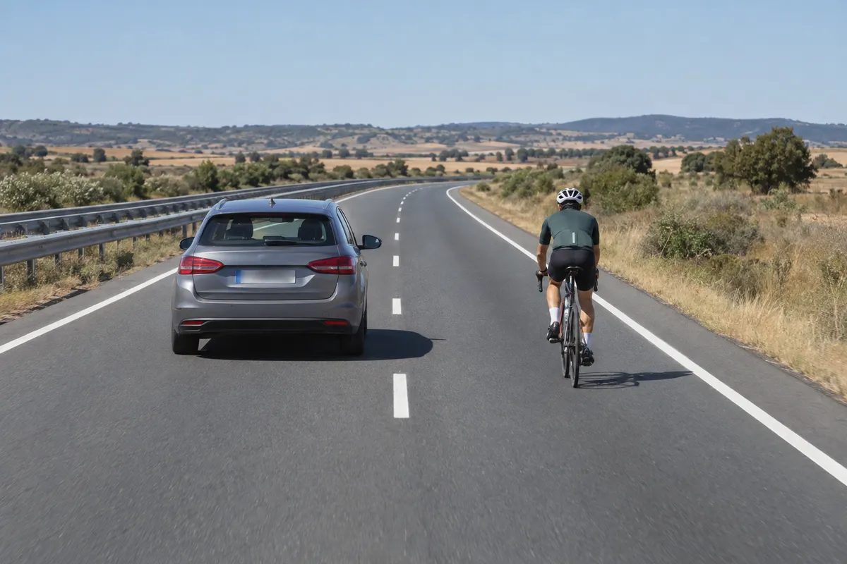 Con dos carriles en el mismo sentido, el coche va entero en el carril izquierdo y el ciclista sigue en el derecho.