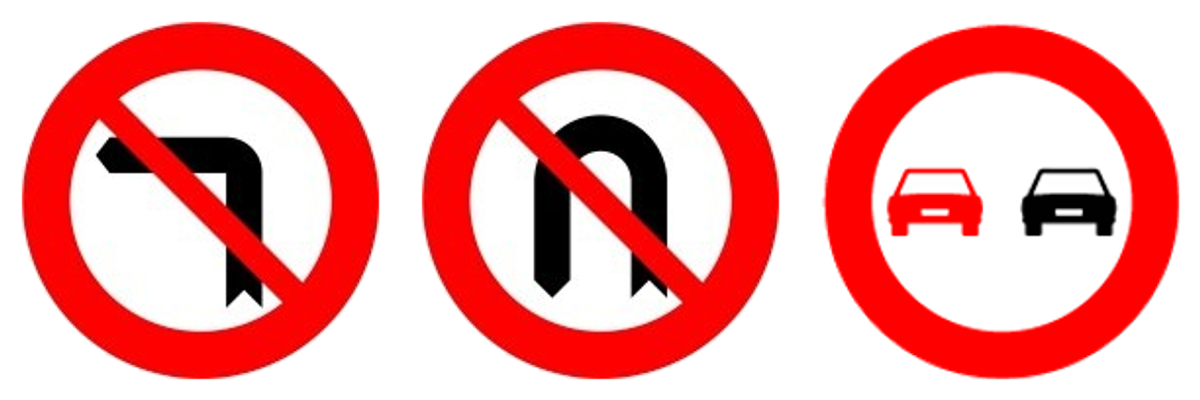 Giro a la izquierda prohibido, cambio de sentido prohibido y adelantamiento prohibido, de izquierda a derecha.