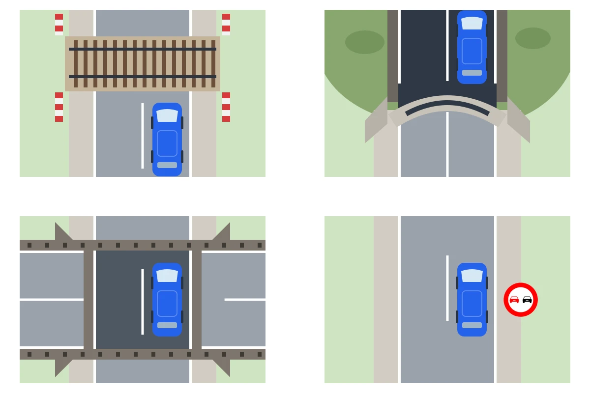 Cuatro lugares donde no puedes cambiar de sentido: un paso a nivel, un túnel, un paso inferior y un tramo con adelantamiento prohibido.
