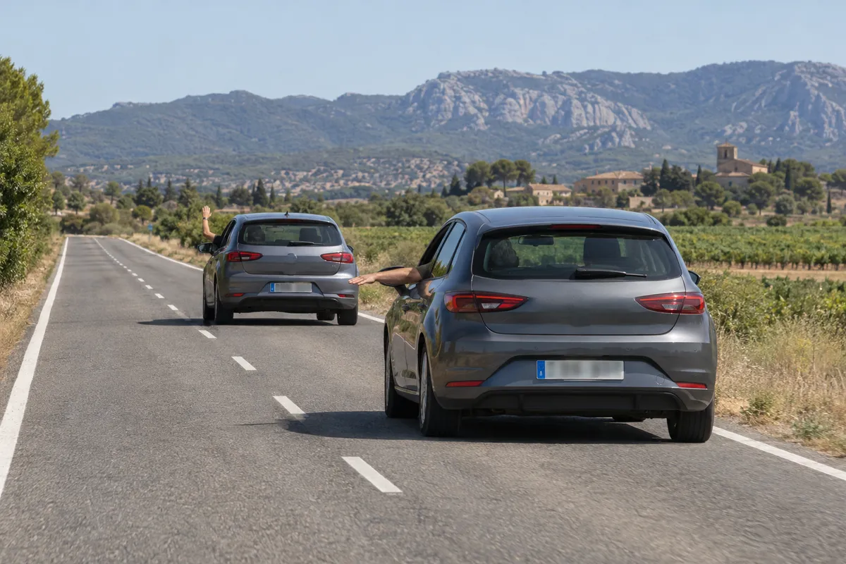 Dos coches vistos por detrás: uno con el brazo izquierdo horizontal, palma hacia abajo, y otro con el brazo doblado hacia arriba.