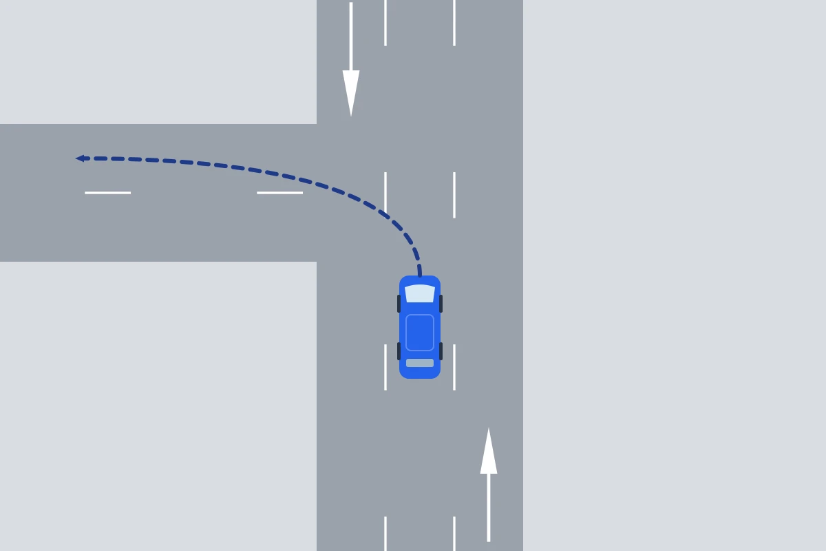 En doble sentido con tres carriles, el coche está en el carril central para girar a la izquierda.