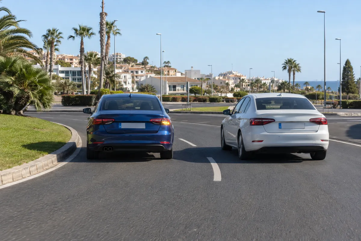 El coche del carril interior sigue en su carril, con el intermitente, mientras el del exterior va a su derecha.