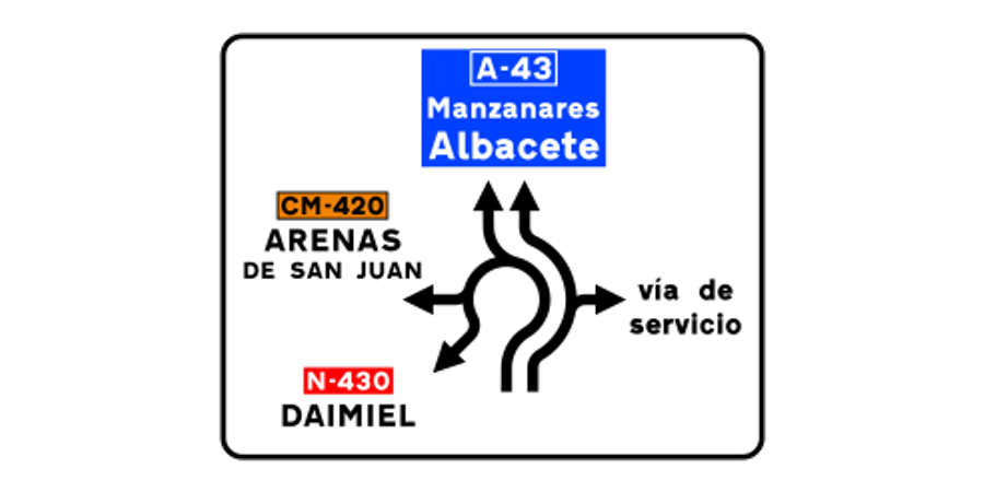 Preseñalización de glorieta con selección de carriles en función del movimiento a efectuar.