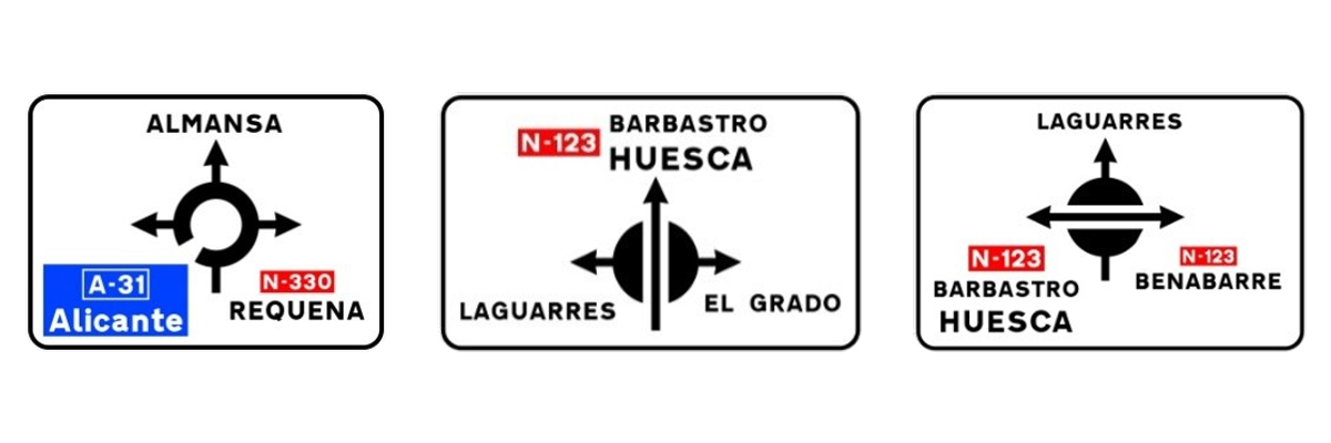 Preseñalización de glorieta; de glorieta partida desde la calzada principal; y desde las calzadas secundarias.