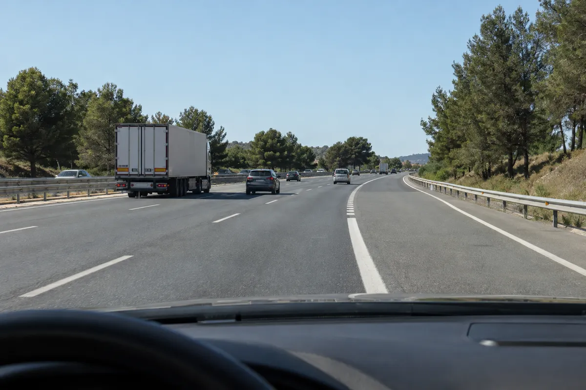Coche al principio del carril de aceleración, observando un hueco en el tráfico de la autovía.