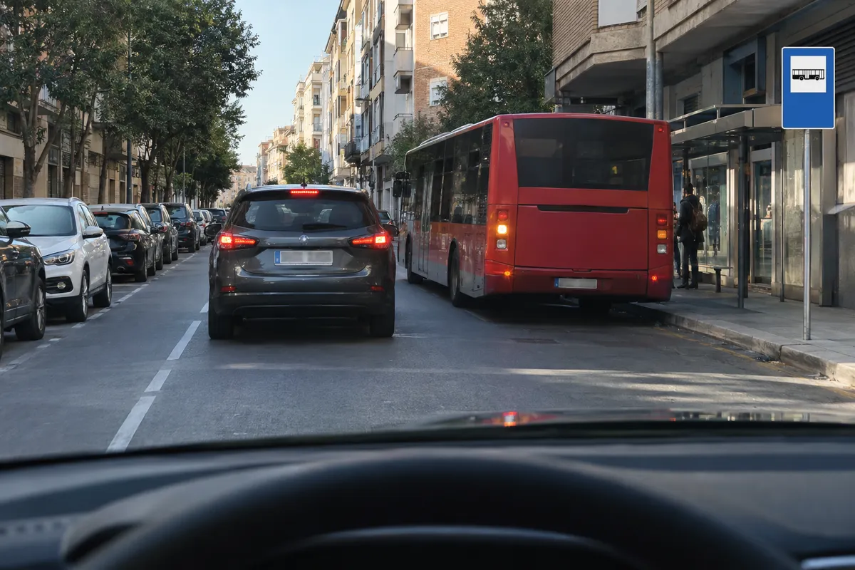 En una calle con edificios, un coche se ha detenido para dejar salir a un autobús de su parada.