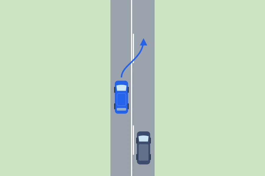 Esquema visto desde arriba: un coche que adelanta a una furgoneta desde el lado de la discontinua de una marca continua pegada a discontinua vuelve a su carril cruzando la continua