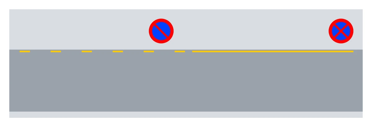 La línea amarilla discontinua y la señal de estacionamiento prohibido, la línea amarilla continua y la señal de parada y estacionamiento prohibido, y la marca en zigzag