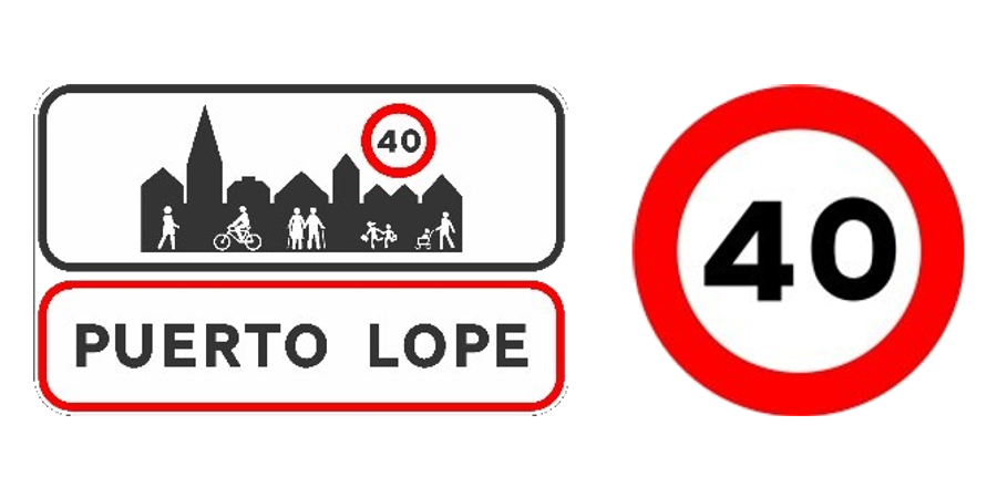 La señal de entrada a poblado y la señal de velocidad máxima, una junto a otra