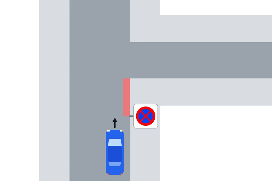 Esquema de una calle vista desde arriba: el borde derecho de la calzada aparece marcado en rojo desde la señal hasta la primera calle que desemboca, en el sentido de la marcha