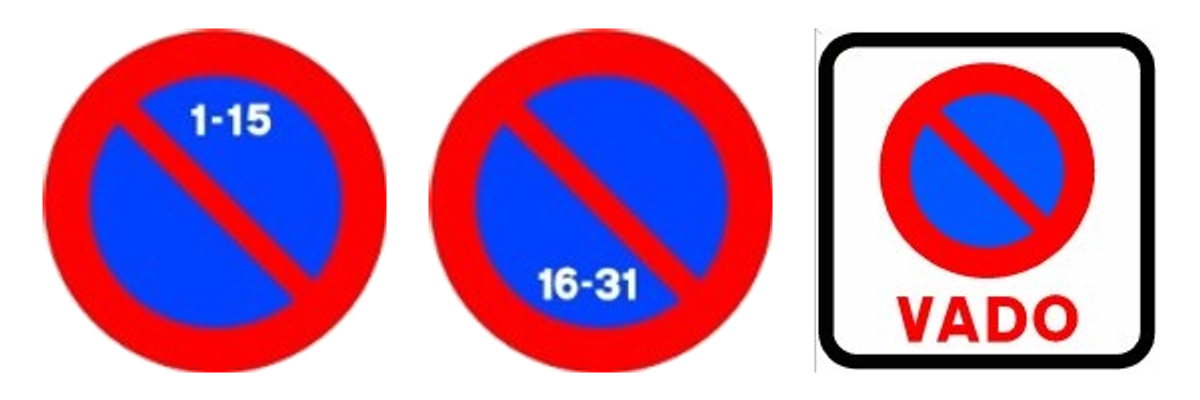 Las señales de estacionamiento prohibido la primera quincena, la segunda quincena y en vado, una junto a otra