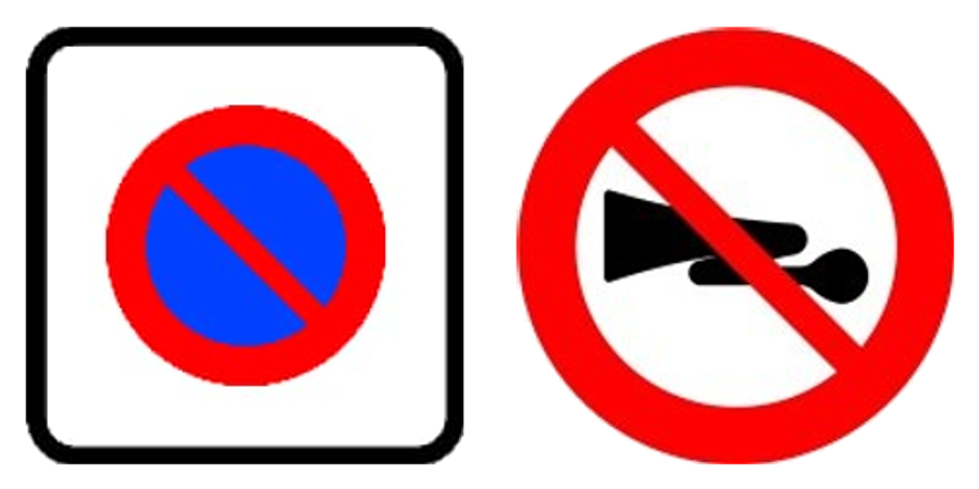 Las señales de zona de estacionamiento limitado y de advertencias acústicas prohibidas, una junto a otra