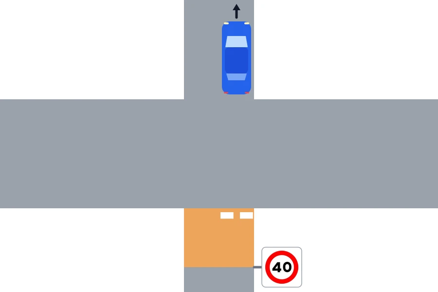 Esquema visto desde arriba: un coche ha cruzado una intersección con una vía con prioridad y solo el tramo anterior al cruce, donde regía el límite de velocidad, aparece marcado en naranja