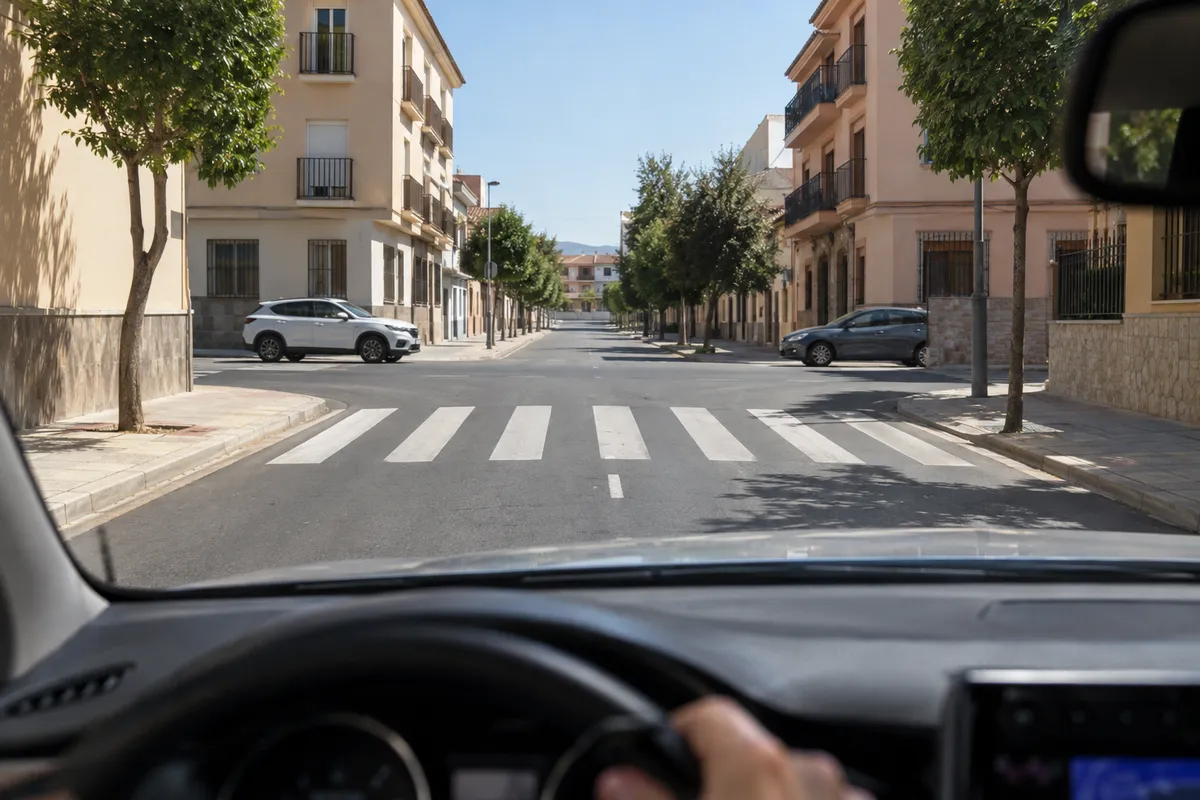 Un cruce urbano con paso de peatones, todavía sin ningún coche detenido.