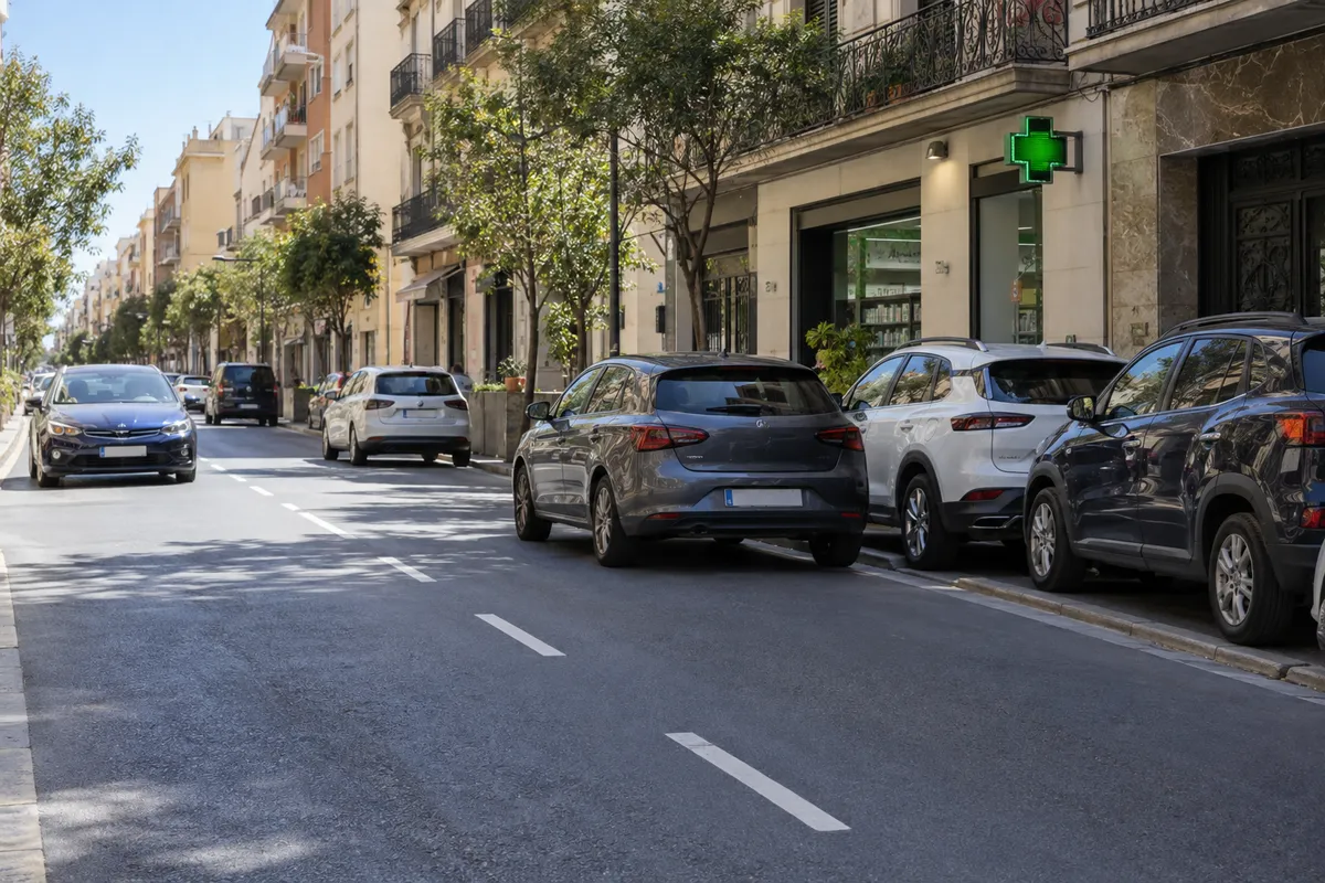 Un coche en doble fila delante de una farmacia, ya sin conductor dentro.