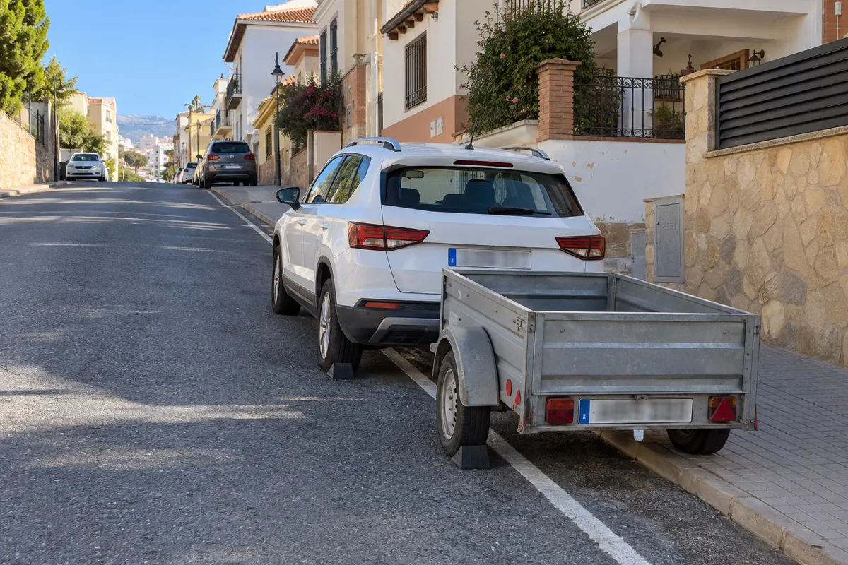 Un coche con remolque en una pendiente, calzado con calzos en las ruedas.