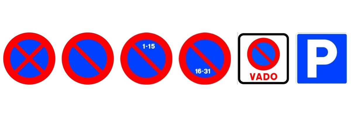 Seis señales en fila: parada y estacionamiento prohibido, estacionamiento prohibido, las dos quincenas, el vado y el estacionamiento.