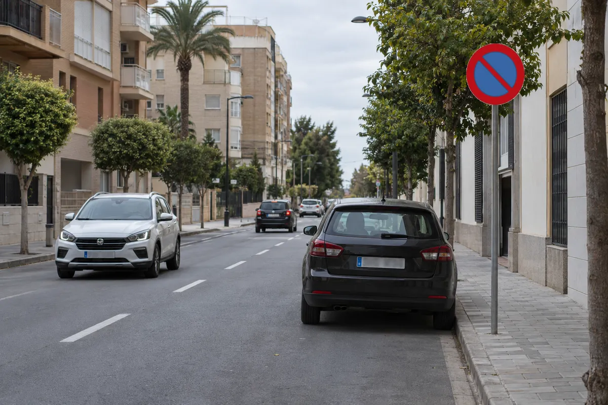 Un conductor espera al volante junto a la señal de estacionamiento prohibido.