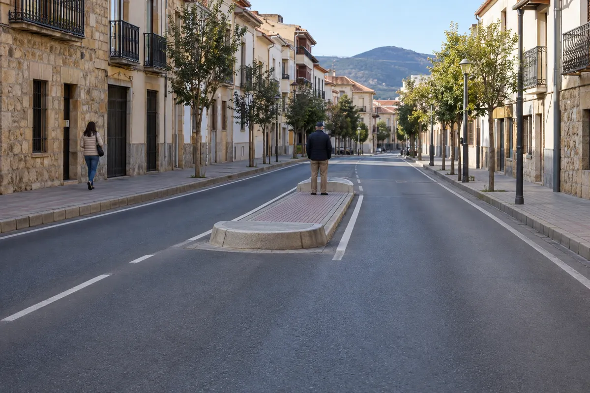 Una calle con aceras junto a la calzada y un refugio peatonal protegido en el centro.