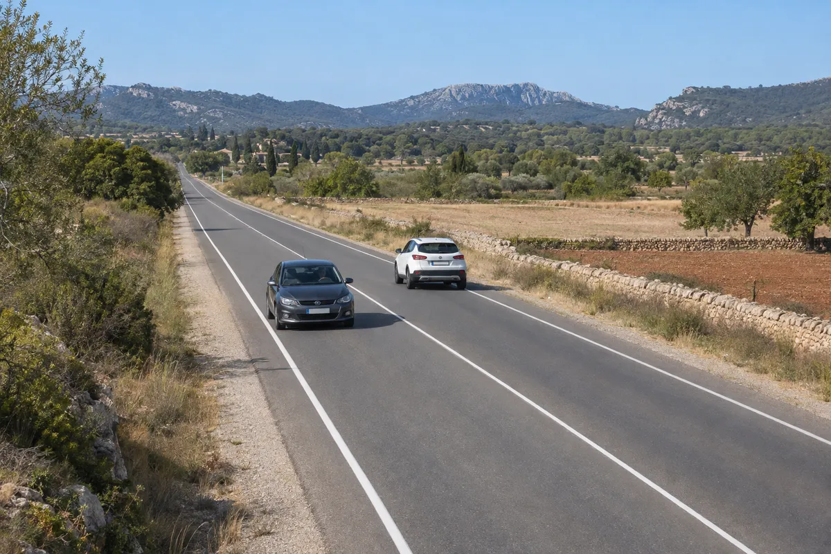 Una carretera con una calzada de dos carriles y un arcén a cada lado.
