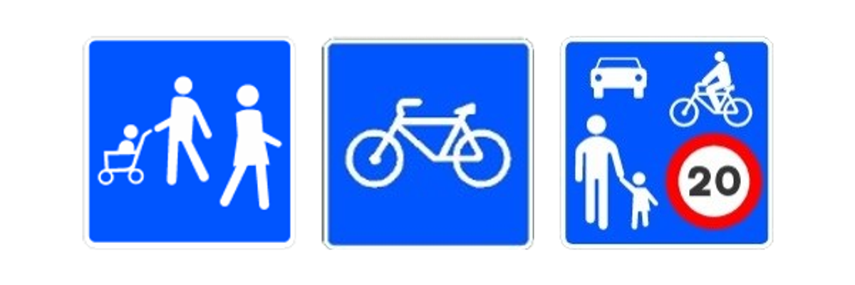 Señales de zona peatonal, vía reservada para ciclos y zona de coexistencia.