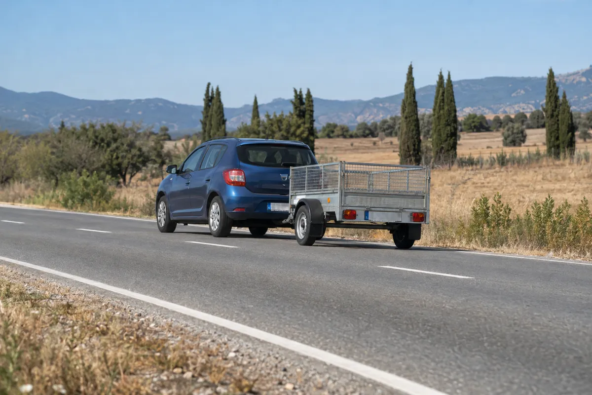 Un coche tira de un remolque ligero de un solo eje, bajo y vacío.
