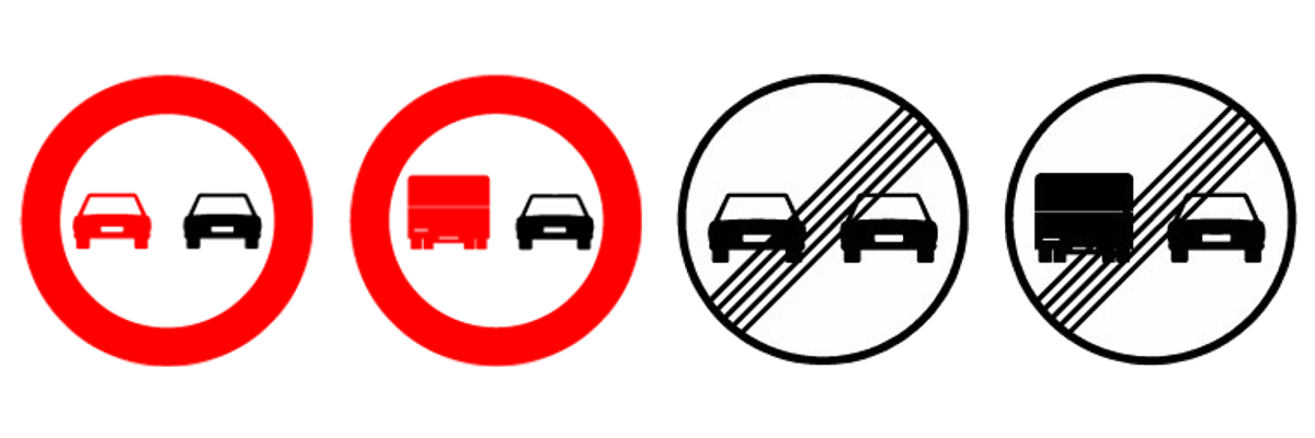 Adelantamiento prohibido; adelantamiento prohibido para camiones; fin de la prohibición de adelantamiento; fin de la prohibición para camiones.