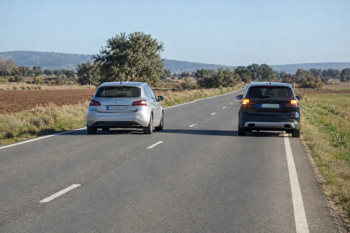 Rebasas el coche averiado a 1,5 metros como mínimo, aunque ocupes parte del sentido contrario.