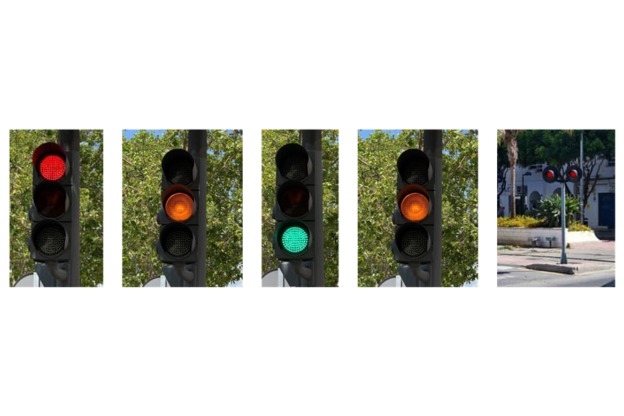Cinco semáforos en fila: roja fija, amarilla fija, verde fija, amarilla intermitente y un panel de dos luces rojas alternas con solo una encendida