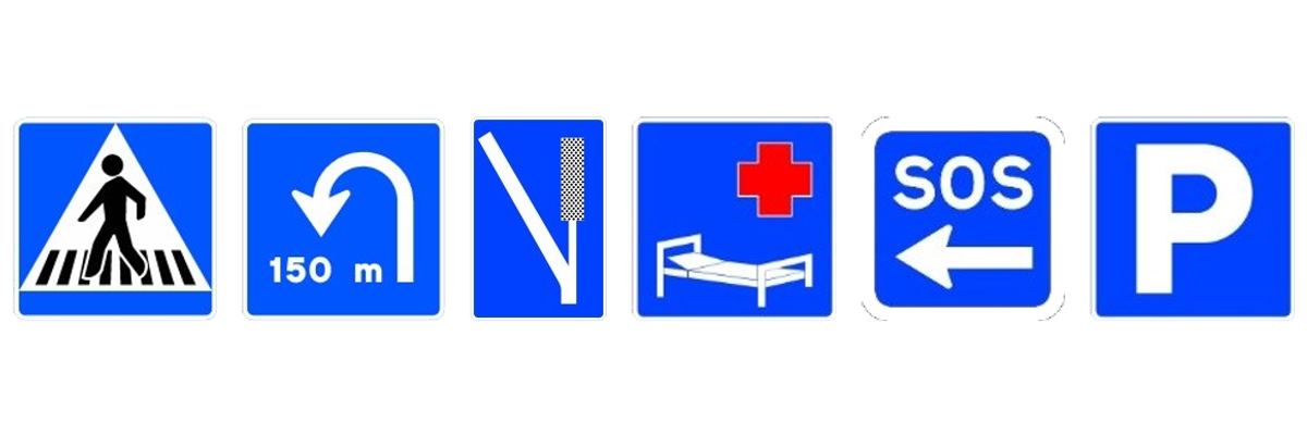 Las señales de paso para peatones, de cambio de sentido, de zona de frenado de emergencia, de hospital, de auxilio en carretera y de estacionamiento