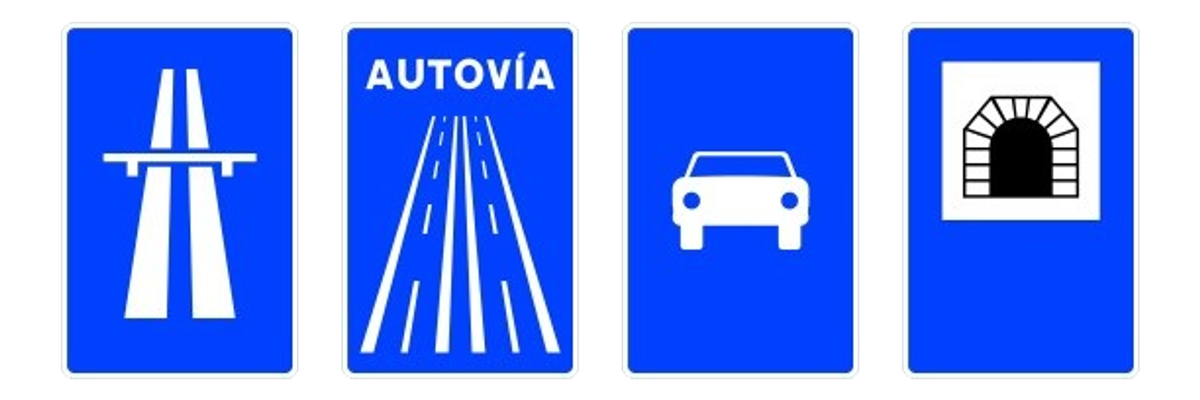 Las señales de autopista, de autovía, de vía reservada para automóviles y de túnel, una junto a otra