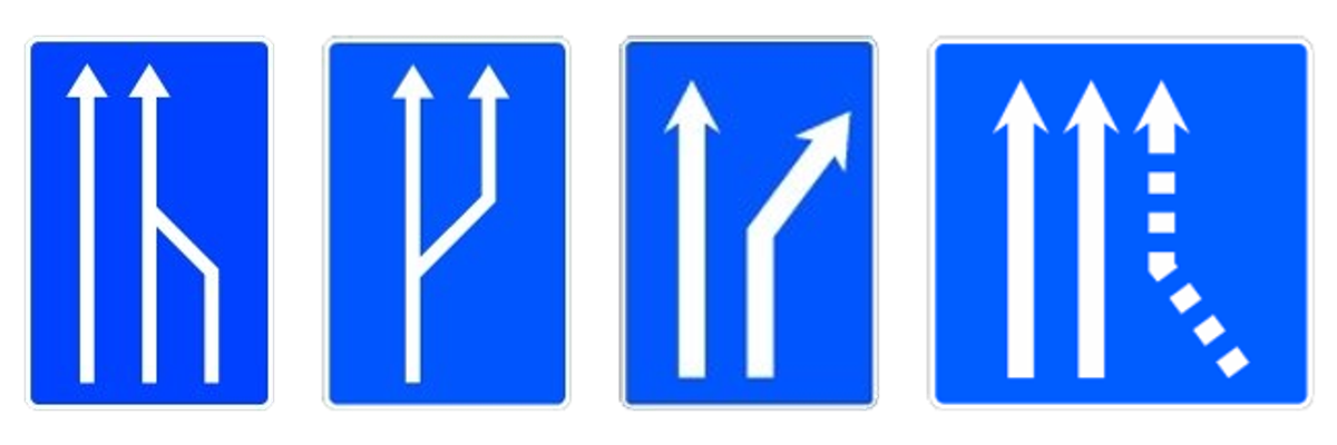 Las señales de final de carril, de paso de uno a dos carriles, de bifurcación hacia la derecha y de confluencia de un carril por la derecha