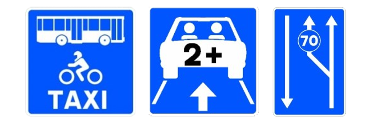 Las señales de carril reservado para tipos específicos de vehículos, de carril VAO y de carril reservado según la velocidad