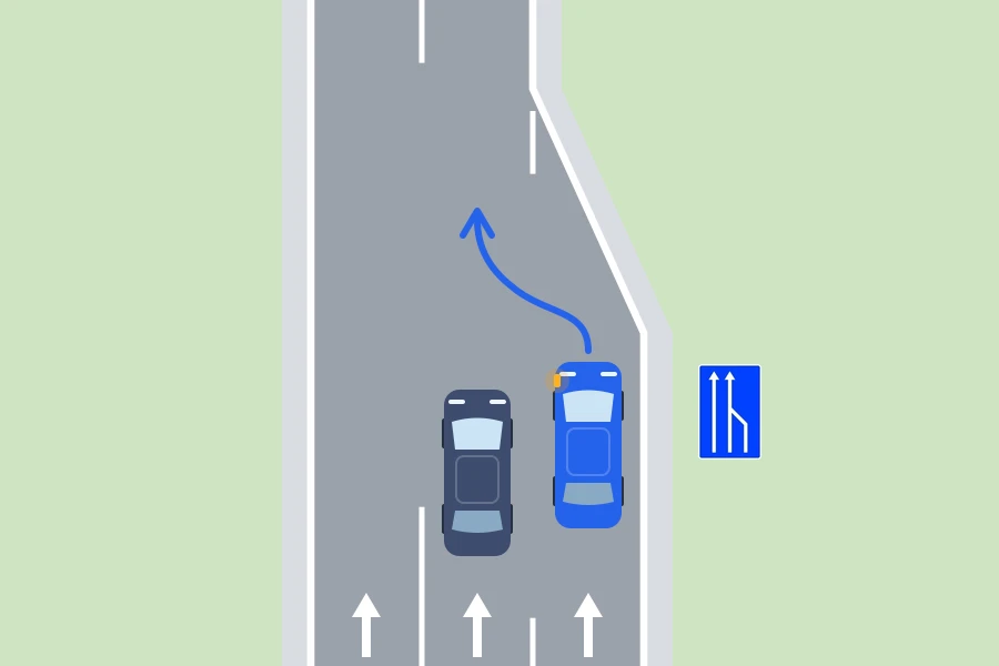 Esquema de una calzada de tres carriles: el carril derecho termina y un coche pasa al carril central, cediendo el paso al coche que ya circula por él