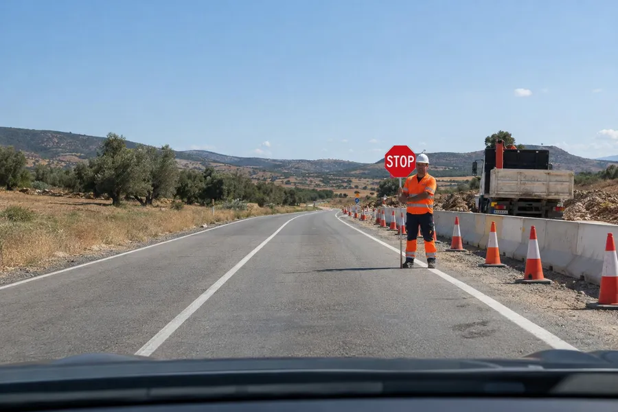 Un operario de obras con chaleco reflectante muestra a un coche una paleta con la señal de detención obligatoria, junto a conos y una valla de obra
