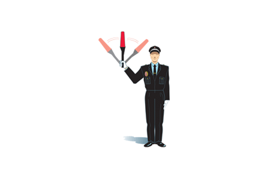 Dibujo oficial de un agente de tráfico que balancea una luz roja o amarilla