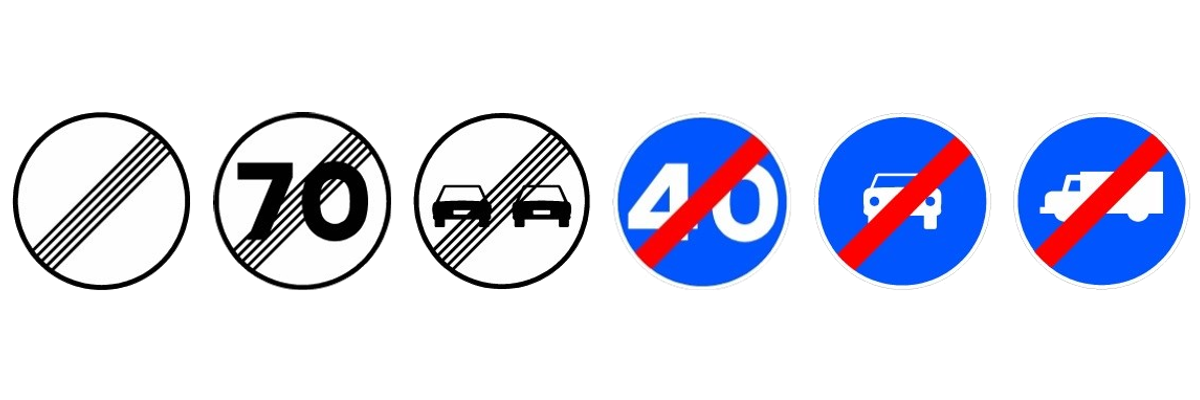 Las señales de fin de prohibiciones, fin de la limitación de velocidad, fin de la prohibición de adelantamiento, fin de velocidad mínima, fin de calzada obligatoria para automóviles y fin de calzada obligatoria para camiones