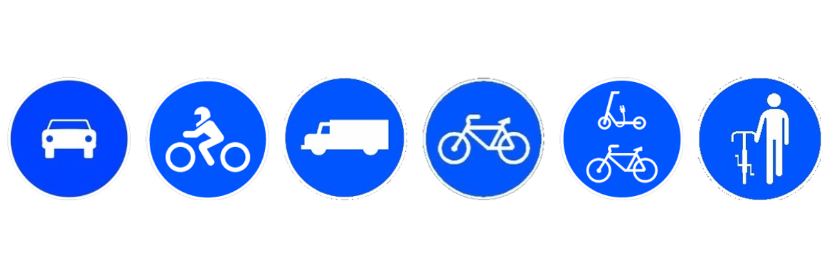 Las señales de calzada obligatoria para automóviles, calzada obligatoria para motocicletas de dos ruedas, calzada obligatoria para camiones, vía reservada y obligatoria para ciclos, vía reservada y obligatoria para ciclos y vehículos de movilidad personal, y desmontar y continuar a pie