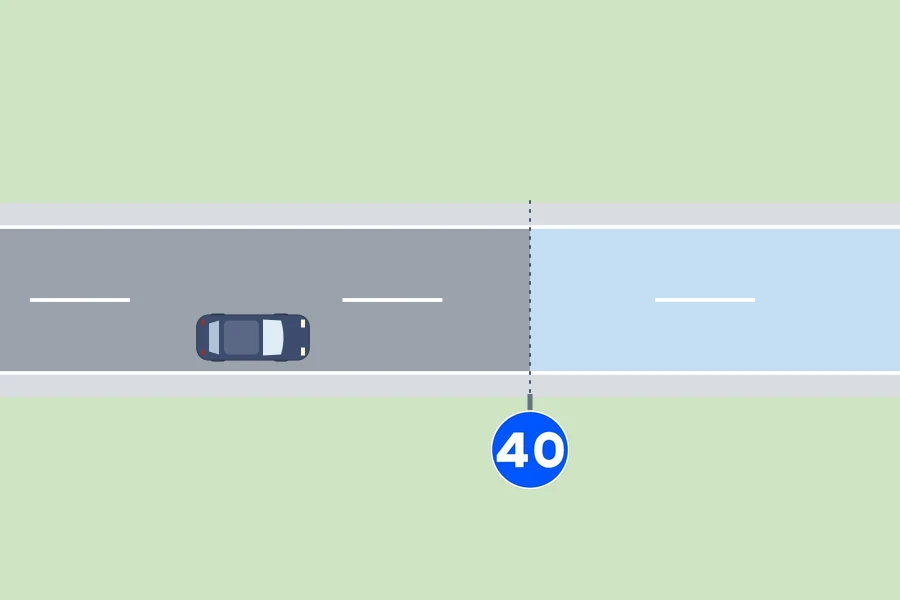 Esquema visto desde arriba: una carretera recta con la señal de velocidad mínima en el arcén y una línea discontinua que cruza la vía a su altura; el tramo posterior, en azul claro, es donde manda la señal
