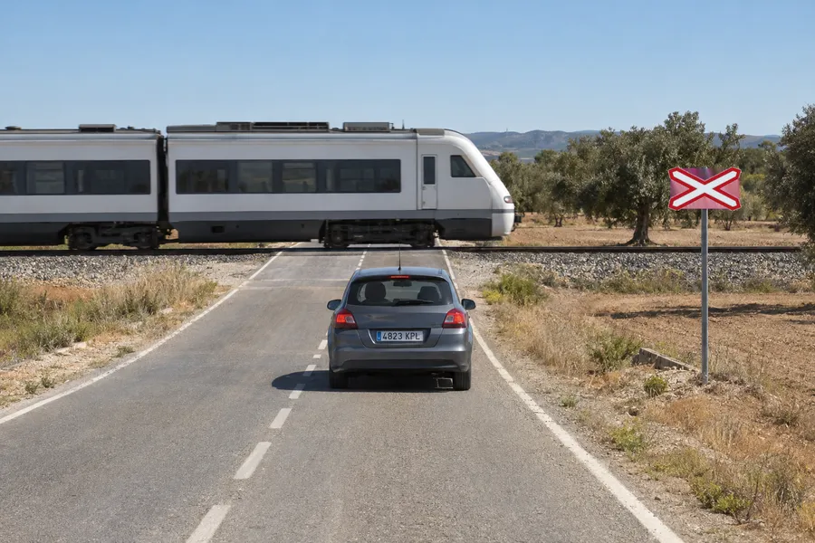 Un coche detenido ante un paso a nivel sin barreras mientras pasa un tren, con la cruz junto a la vía