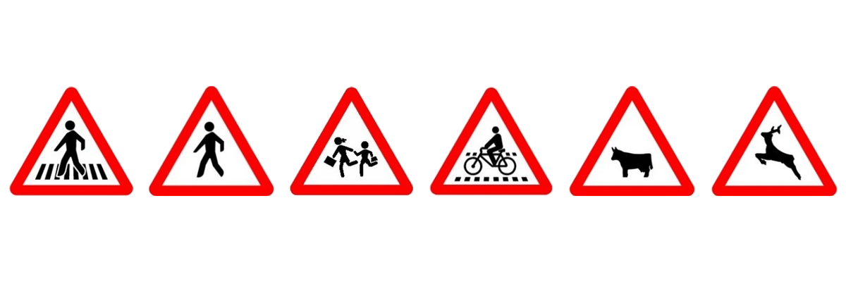 Seis señales de peligro sobre personas y animales: paso para peatones, peatones, niños, paso para ciclistas, animales domésticos o ganado y animales en libertad