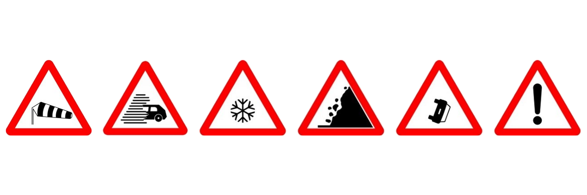 Seis señales de peligro sobre el tiempo y la calzada: viento transversal, visibilidad reducida, hielo o nieve, desprendimiento, obstrucción en la calzada y otros peligros