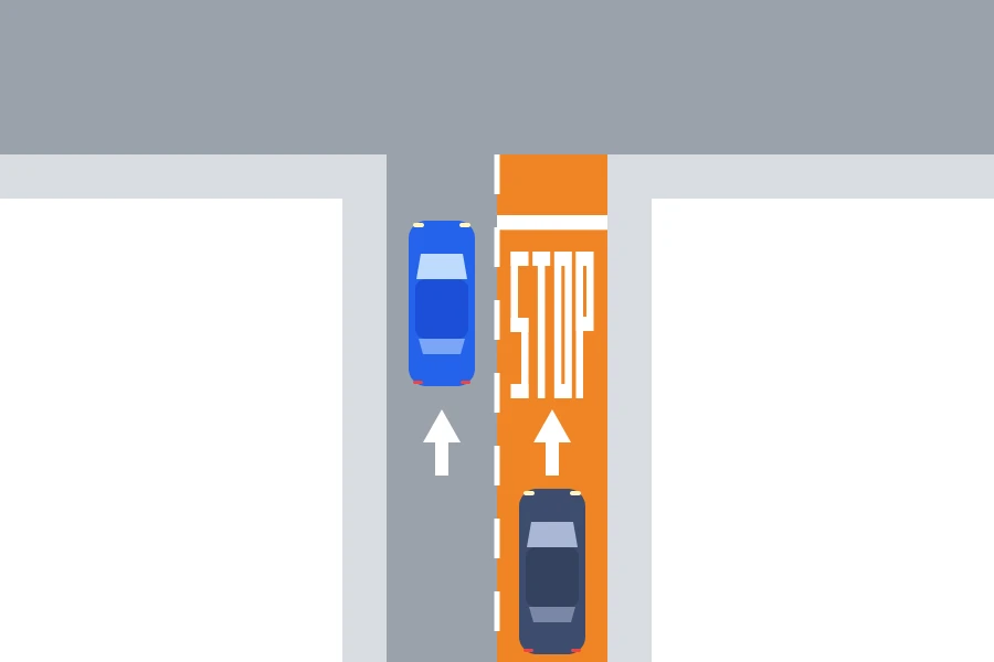 Esquema de una entrada con dos carriles: el stop pintado solo en el carril derecho, marcado en naranja, afecta únicamente a ese carril