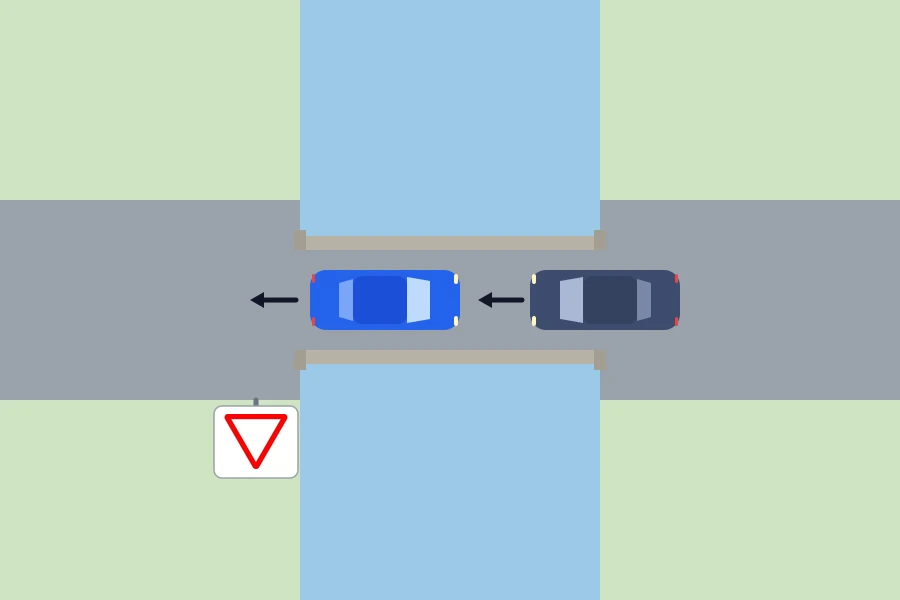 Esquema de un puente estrecho: el coche que llegó por el extremo con el ceda el paso retrocede para dejar pasar al otro