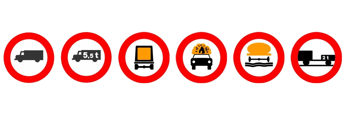 Las señales de entrada prohibida a vehículos de mercancías, a los de más masa autorizada que la indicada, a los de mercancías peligrosas, a los de mercancías explosivas o inflamables, a los de productos contaminantes del agua y a los vehículos de motor con remolque