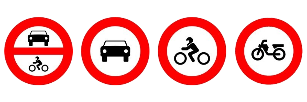 Las señales de entrada prohibida a vehículos de motor, a vehículos de motor excepto motocicletas de dos ruedas, a motocicletas y a ciclomotores