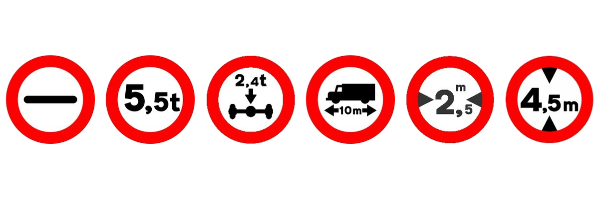 Las seis señales de restricción de paso: prohibición de pasar sin detenerse y limitaciones de masa, masa por eje, longitud, anchura y altura